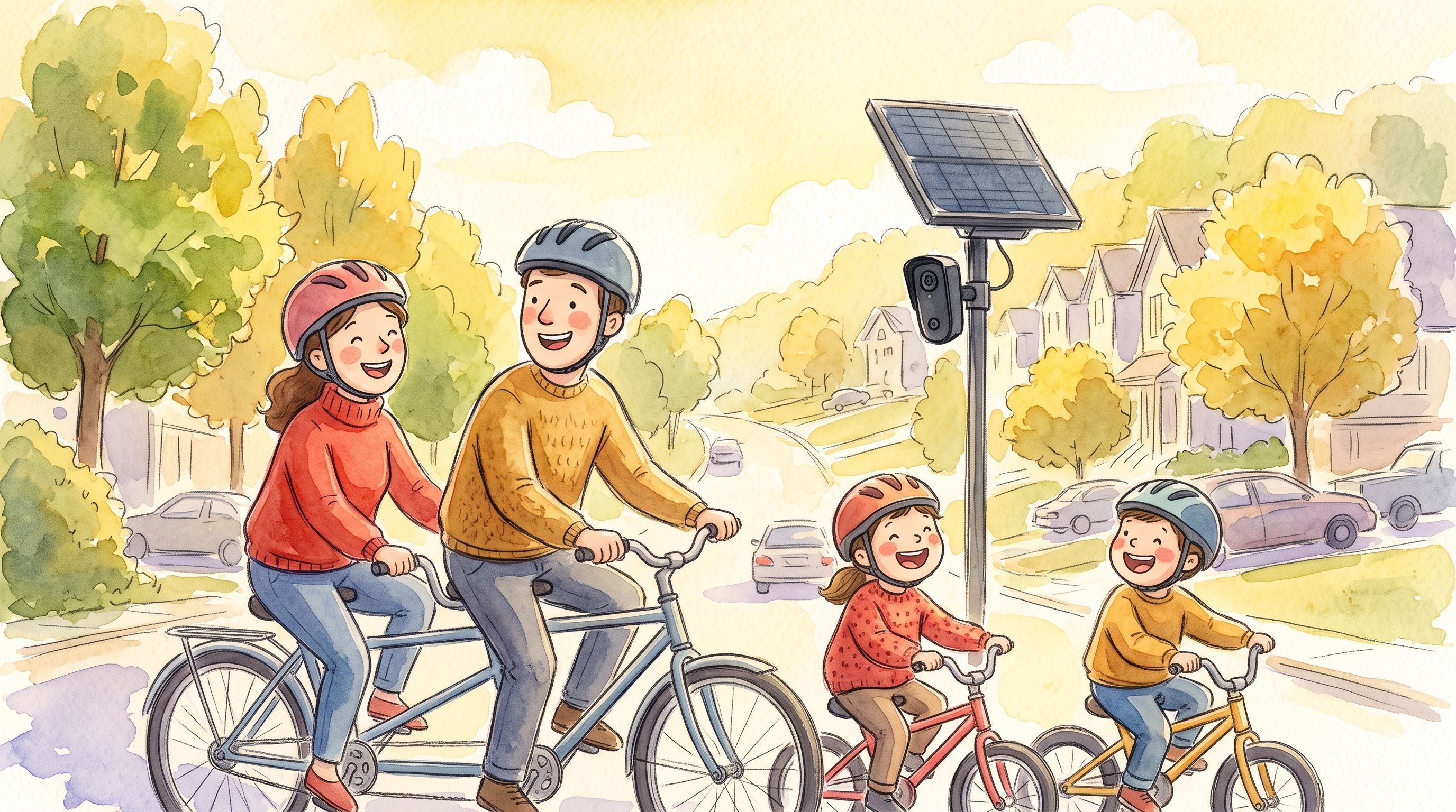 A family on bikes being watched