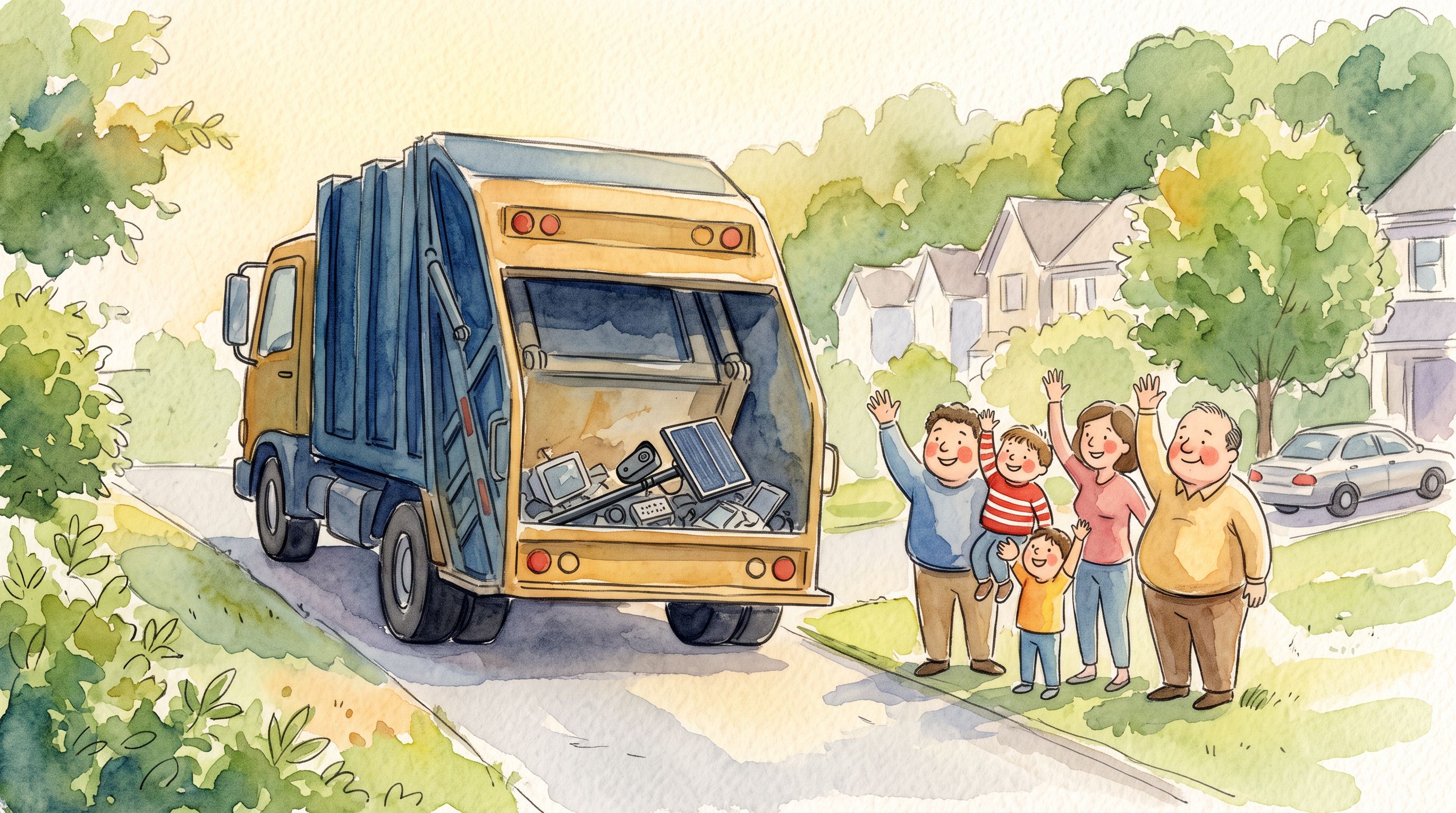 A camera being disposed of in a trash truck